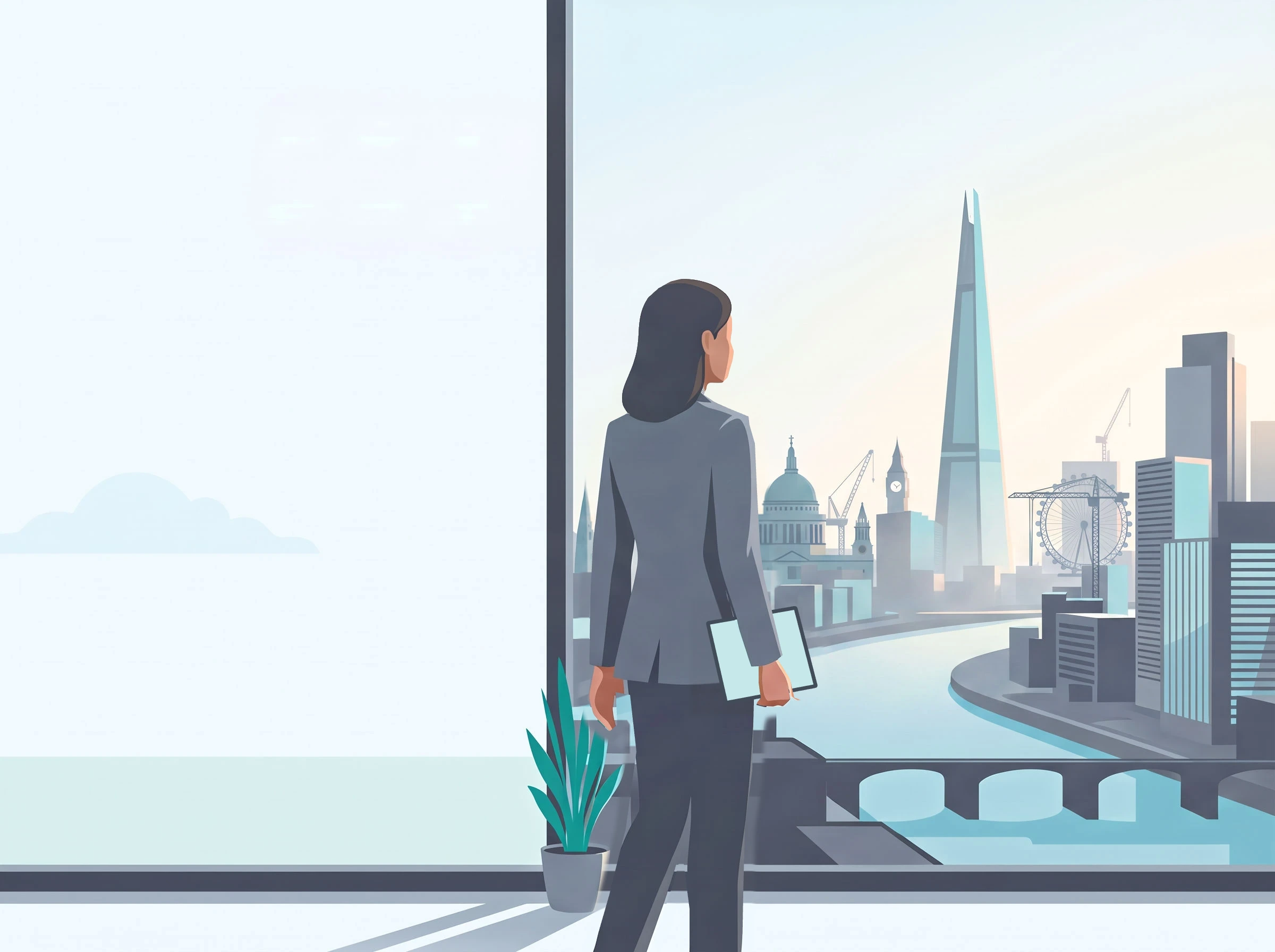 A woman checks her iPad by a London window as a train, plane and speedboat pass outside