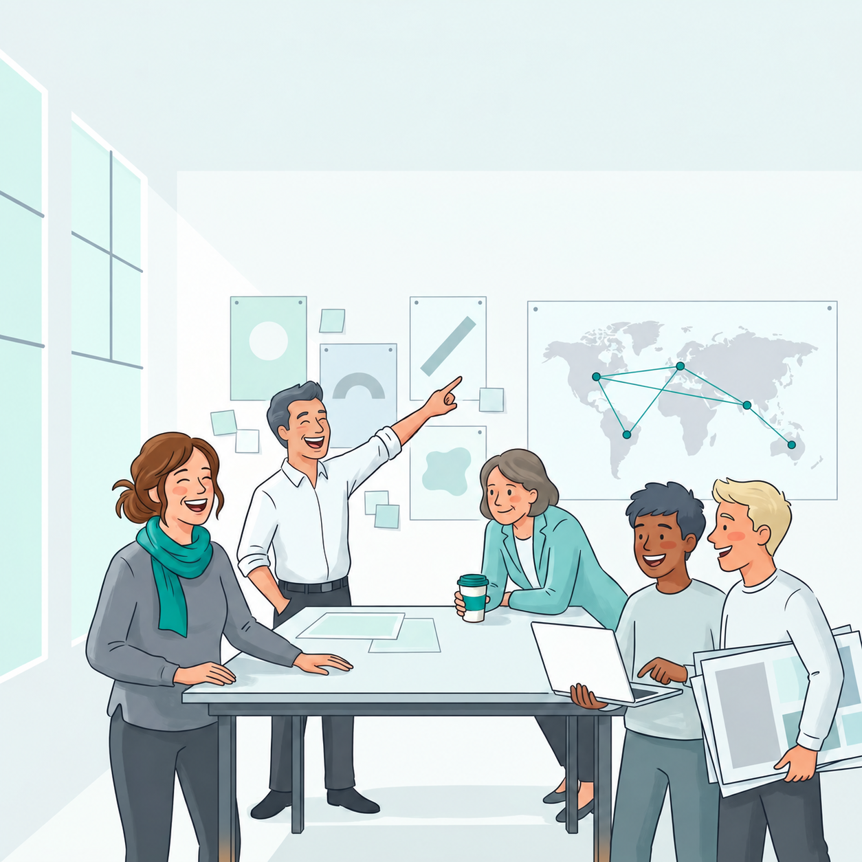 Illustrated marketing team collaborating around a table in a bright office